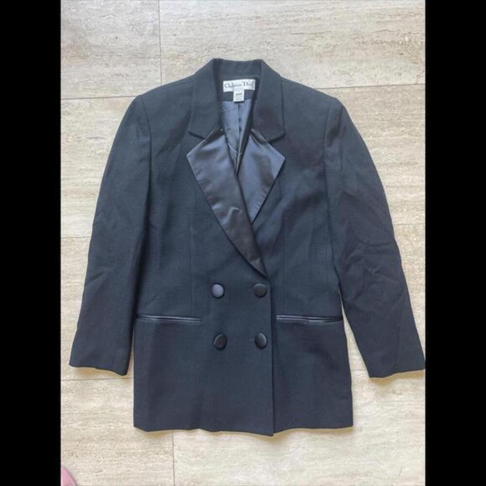 Vintage Christian Dior Double Breasted Black Wool Tuxedo Blazer Size 6